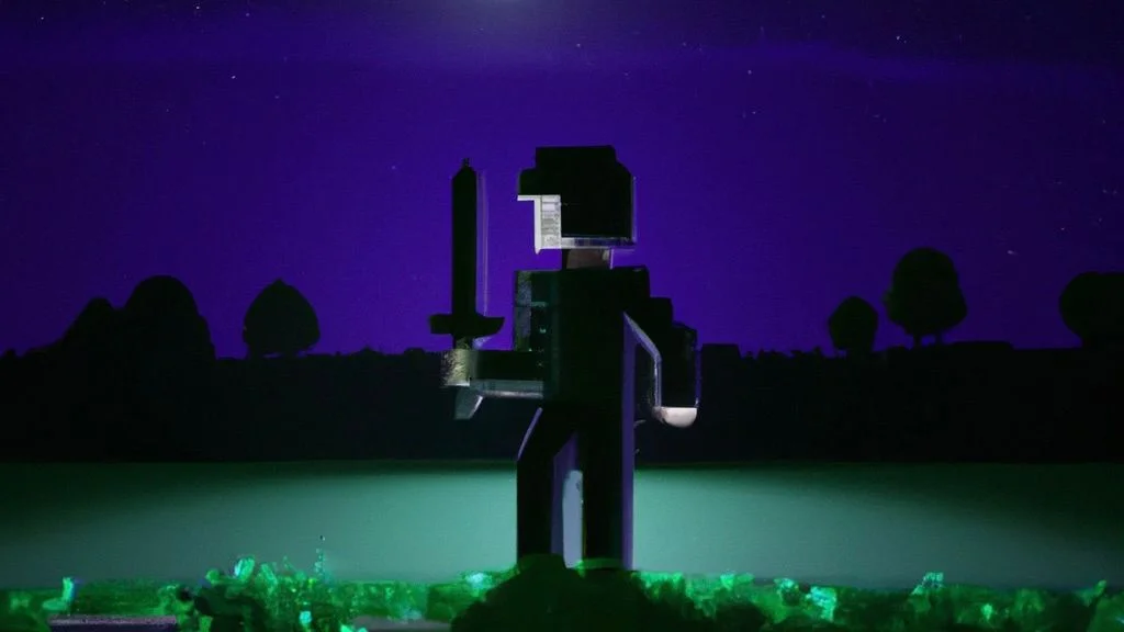 DALL E 2023 06 26 11.46.07 minecraft player holding a sword at night
